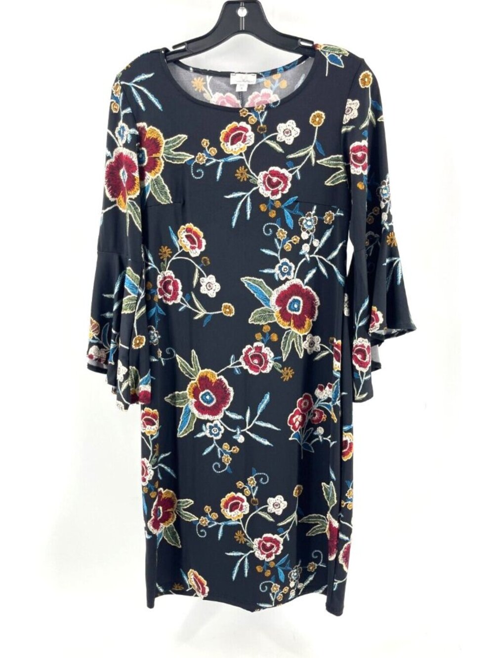 Olivia Matthews Women's Black Floral Tunic Dress 3/4 Bell Sleeve Size Small